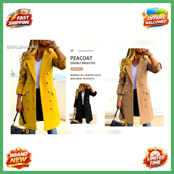 Wool Blend Double Breasted Midi Peacoat Trench Coat Women's Winter Coat - Picture 5 of 5